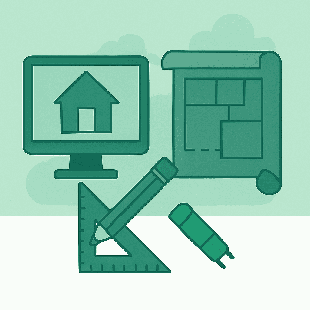 Architectural plans and 3D renderings on a desk