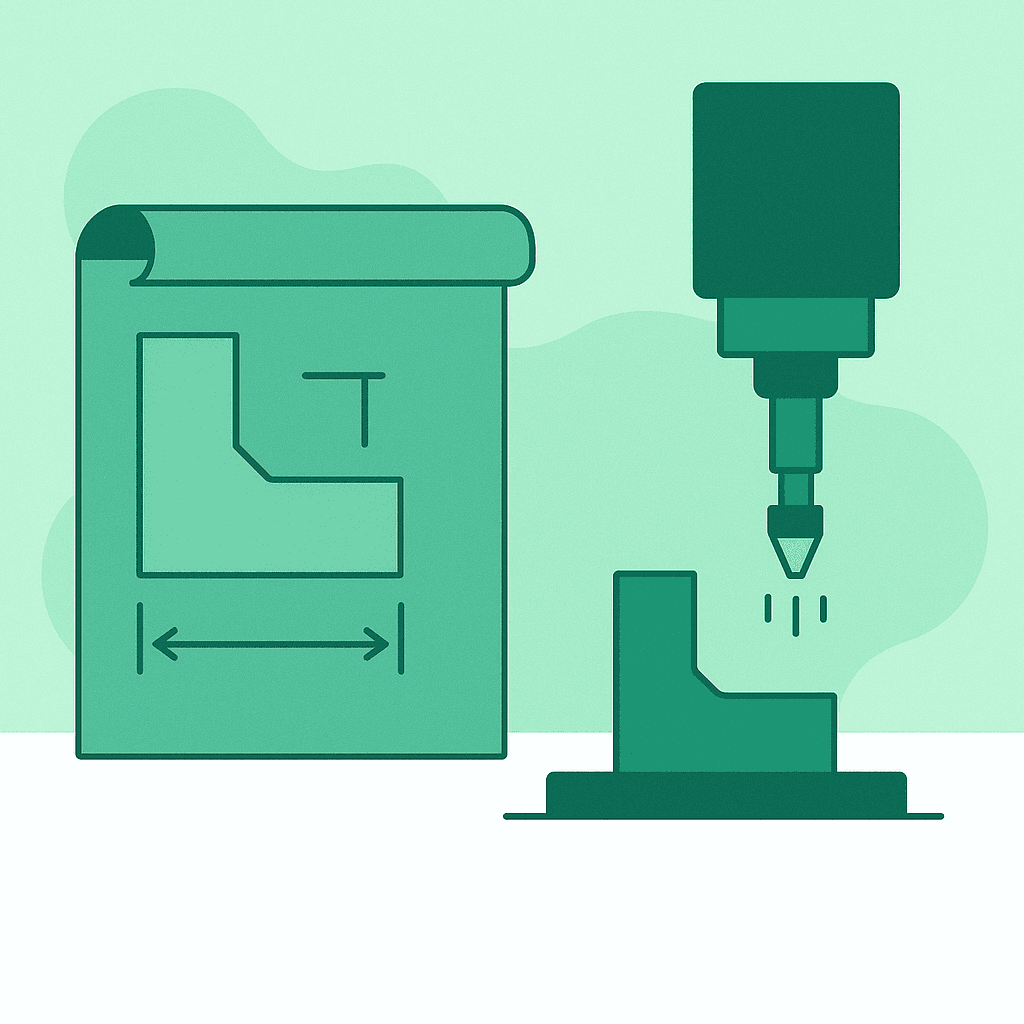 Detailed technical drawing being reviewed beside fabricated parts